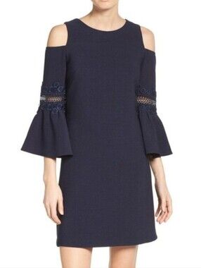 Eliza J Applique Crepe Dress Navy Blue Mini Cold Shoulder Lace Lined Size 10